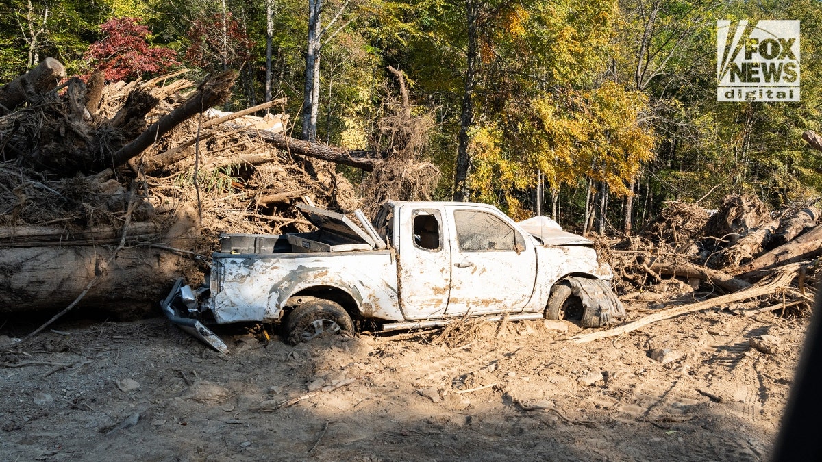 A destroyed truck in the "Craigtown" community of Fairview, North Carolina