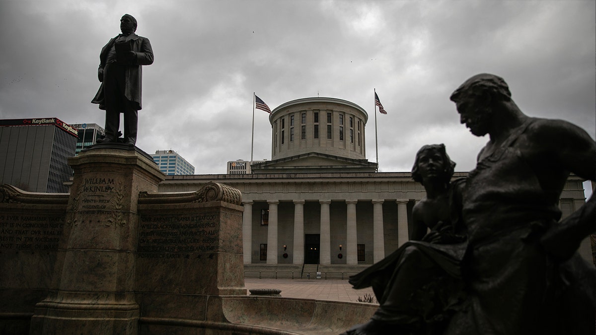 Ohio Statehouse seen looking up from pavement